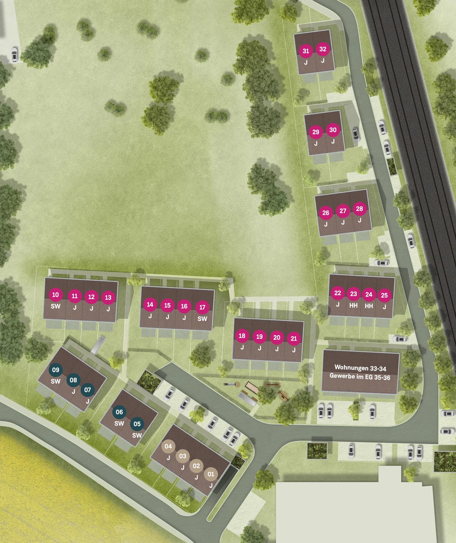 Lageplan Quartier Alpenblick Otterfing mit allen 32 Häusern